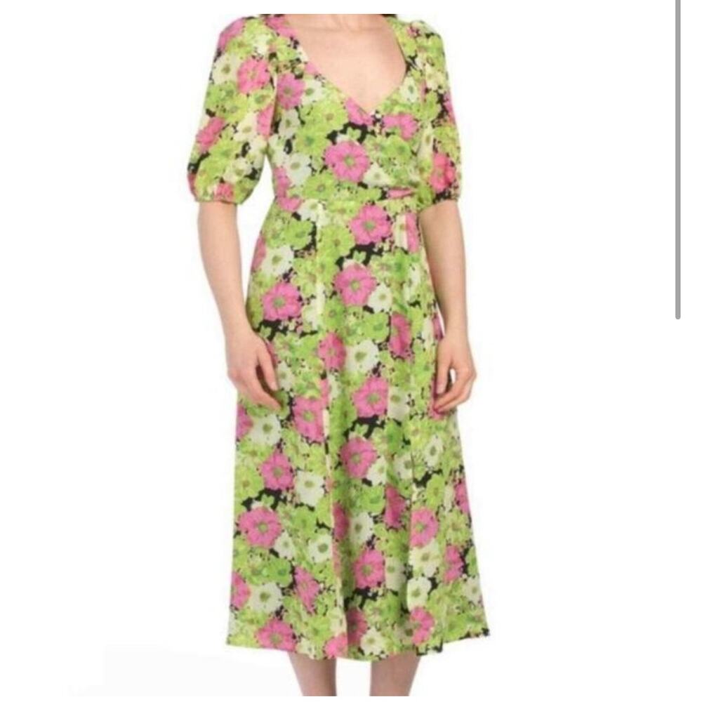 WAYF Floral Midi Dress Surplice Neckline Puff Sleeve Green Pink A Line XS